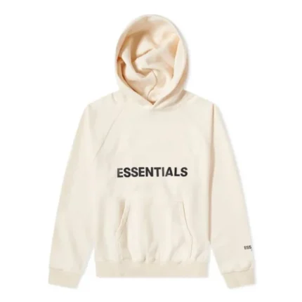 A white sweatshirt featuring the word "essentials" prominently displayed on the front.
