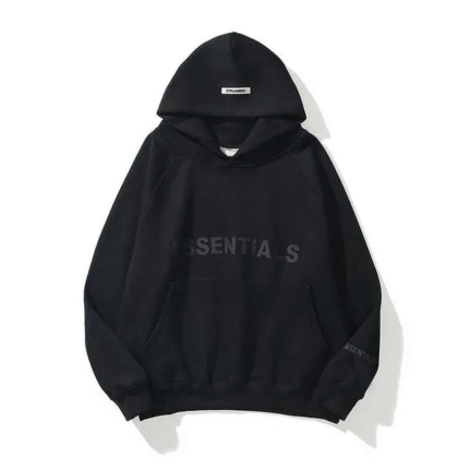 A black hoodie featuring the word "essentia" prominently displayed on the front.