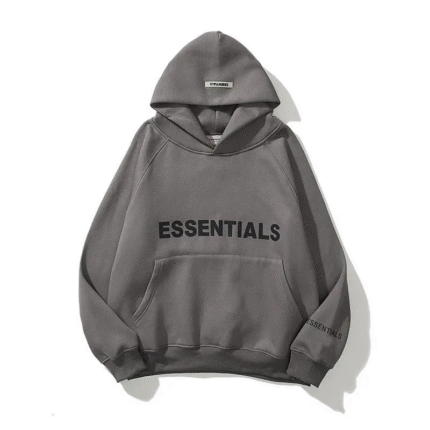 A grey hoodie featuring the word "essentials" prominently printed on the front.