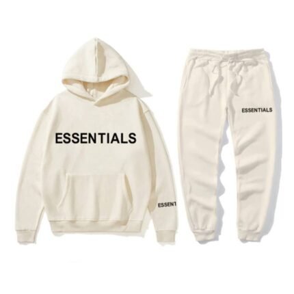 A white sweatshirt and sweatpants set featuring the word "essentials" printed on both pieces.
