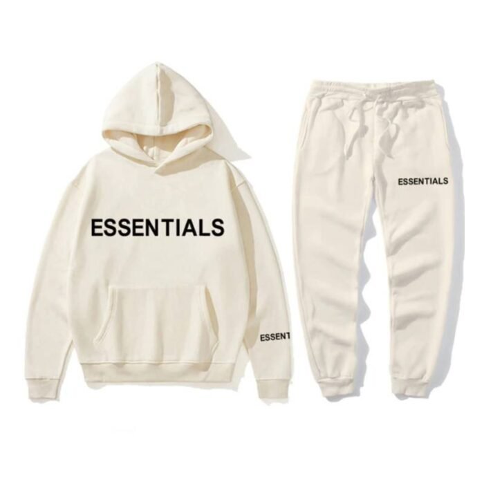 A white sweatshirt and sweatpants set featuring the word "essentials" printed on both pieces.