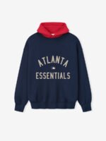 A navy and red hoodie featuring the text "Atlanta Essentials" prominently displayed on the front.