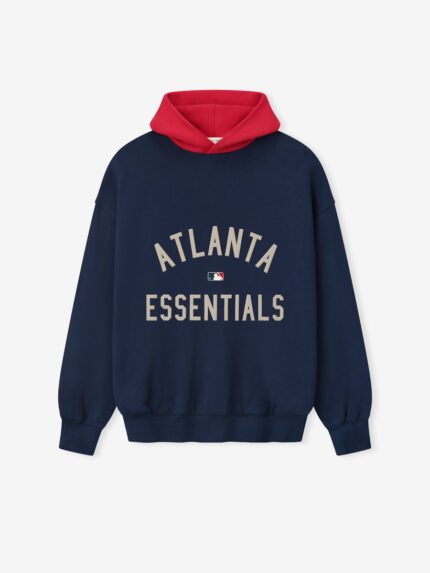 A navy and red hoodie featuring the text "Atlanta Essentials" prominently displayed on the front.