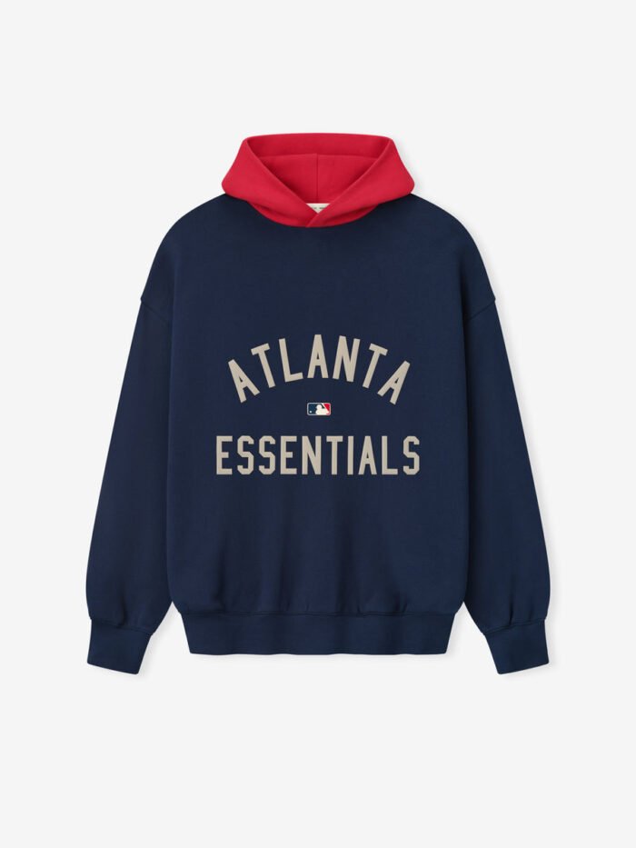 A navy and red hoodie featuring the text "Atlanta Essentials" prominently displayed on the front.