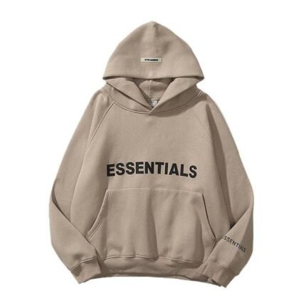 Beige essential hoodie displayed on a neutral background, showcasing its simple design and comfortable fit.