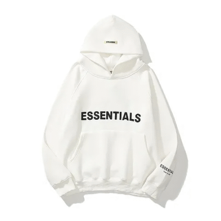 A white hoodie featuring the word "essentials" prominently printed on the front.
