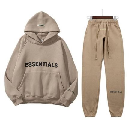 A pair of sweatpants and a hoodie featuring the word "essentials" prominently displayed on the front.