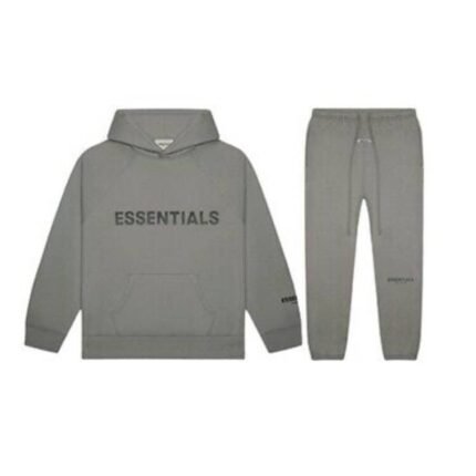 Grey sweatshirt and sweatpants set featuring the word "essentials" prominently displayed on the front.