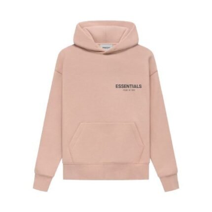 Pink sweatshirt featuring the word "Essentials" prominently displayed on the front.
