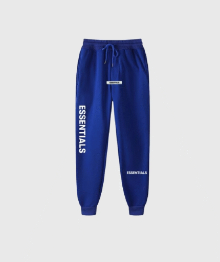 Blue sweatpants featuring the word "sustain" printed on the side.