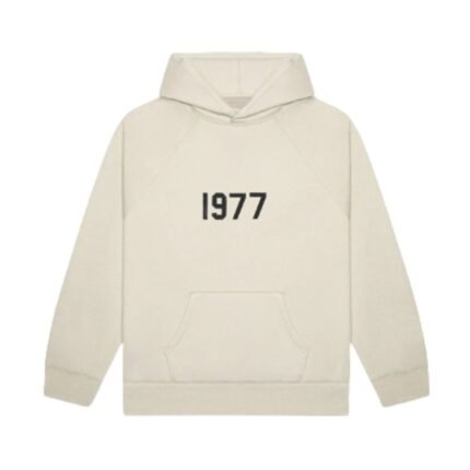 A white sweatshirt featuring the year "1977" prominently displayed on the front.